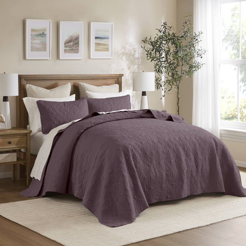Ensemble de couvre-lit réversible Québec, Couvre-lit de très grande taille et 2 taies déco, Mauve