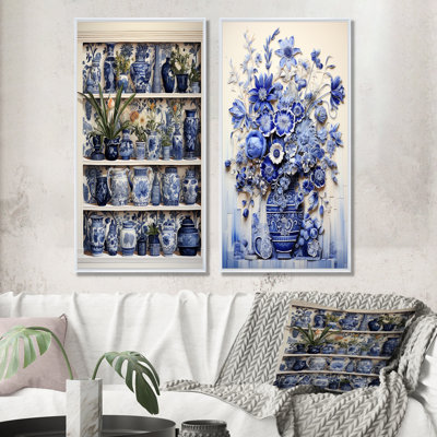Ensemble de 2 décorations murales bleues et blanches Boho Plant Pottery II - Boho Pottery