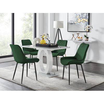 Scottsmoor Modern High Gloss & Glass Dining Set - 4 Luxury Velvet Mid-Century Upholstered Chairs