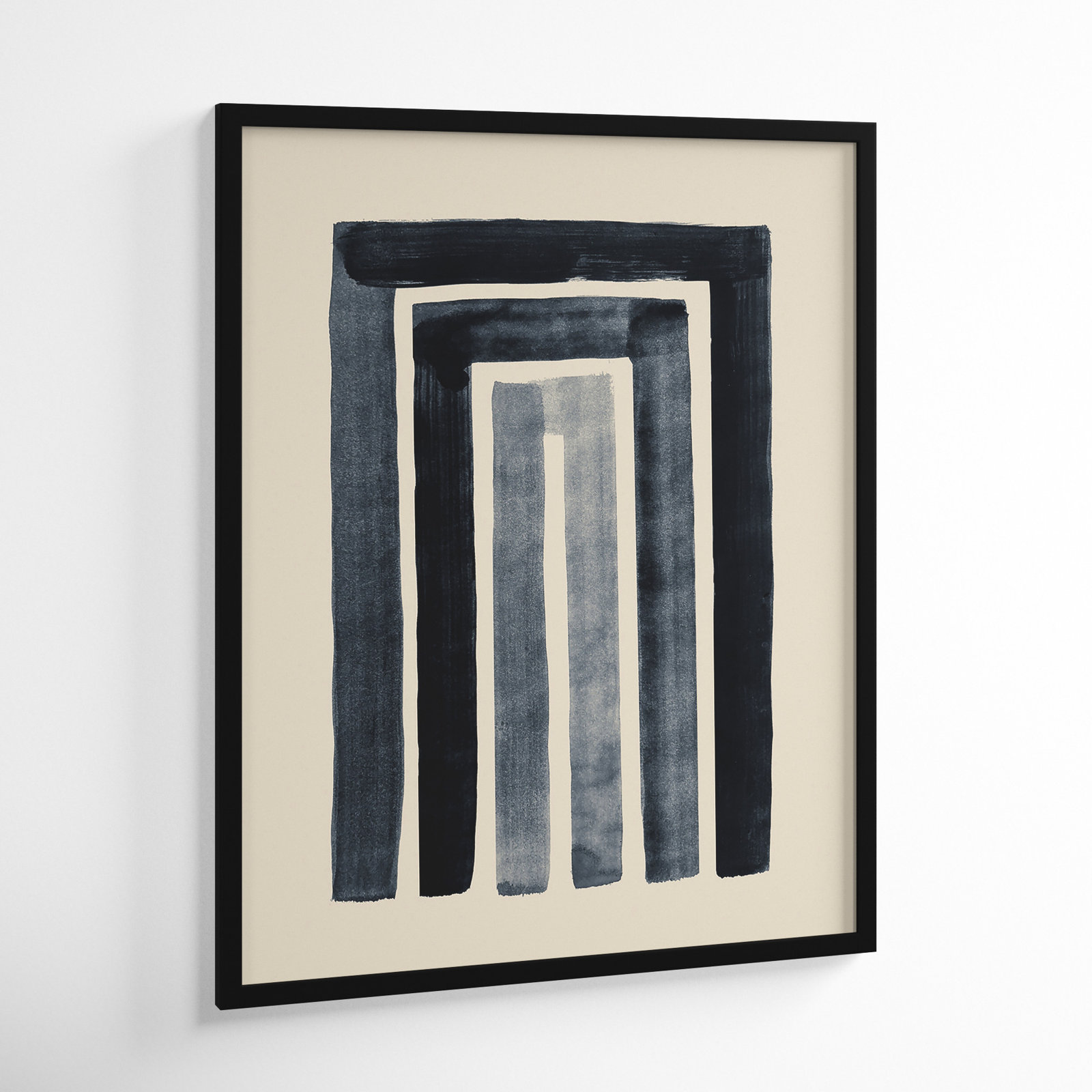 Mid Century Modern Abstract Rainbow Indigo Beige by The Creative Bunch Studio, Black Framed, 33" H x 27" W