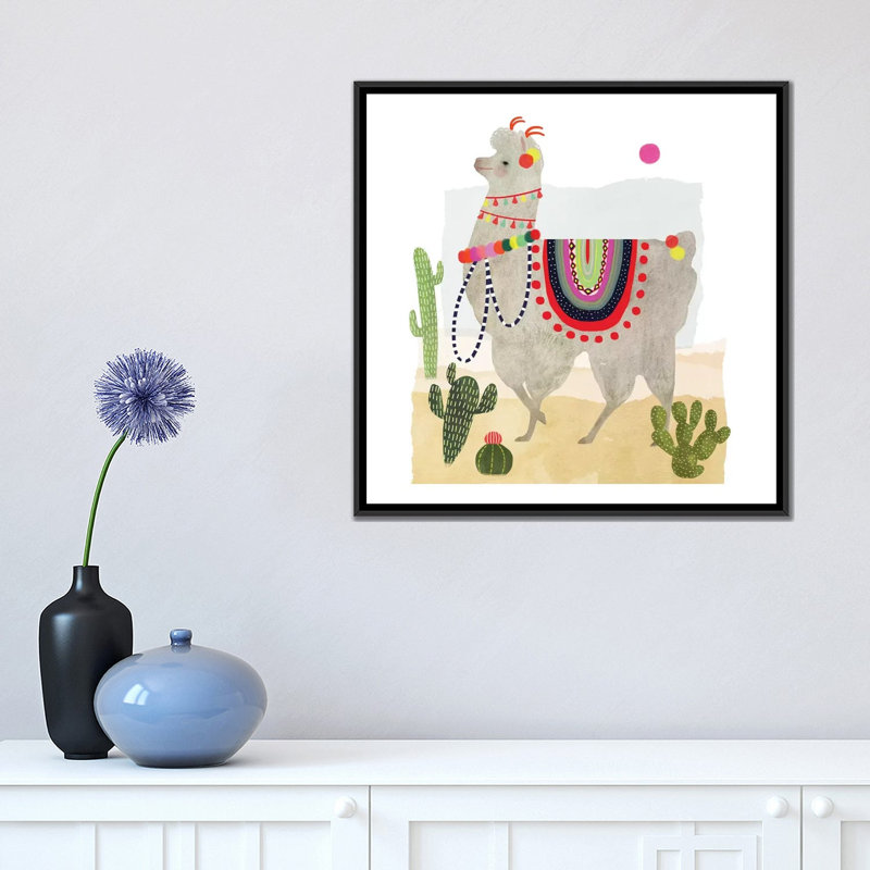 «Llamarama I», impression sur toile tendue, H 18 po x l 18 po x P 1,5 po, Toile avec cadre noir, Pas de tapis