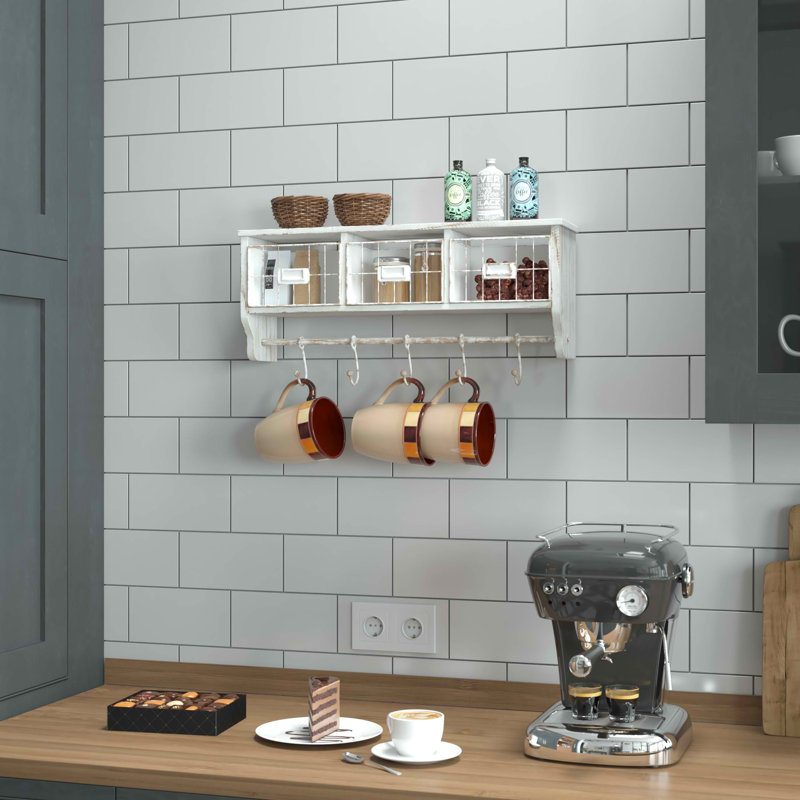 Thalha Wall Mounted Storage Rack with Upper Shelf, Wire Baskets, and Hooks, White Wash