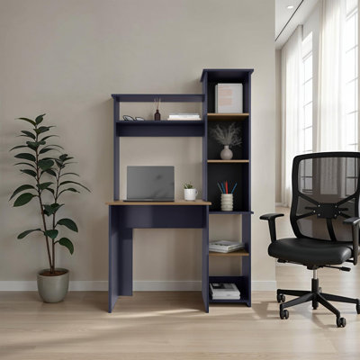 Bureau d'ordinateur bleu marine et chêne naturel avec huche et bibliothèque latérale