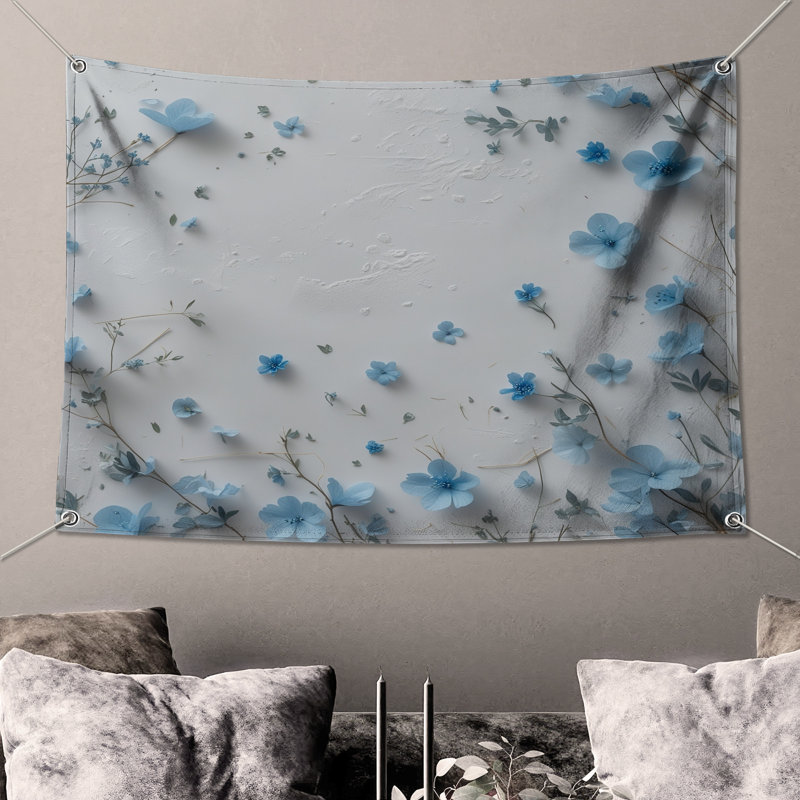 Tapisserie murale fleurs bleues - décoration murale florale, H 50 po x l 60 po avec 4 œillets