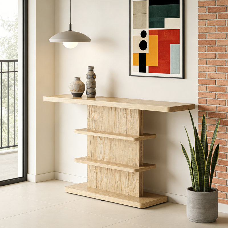 Console rétro 63 "avec tablettes de rangement ouvertes à 2 niveaux, Bois naturel