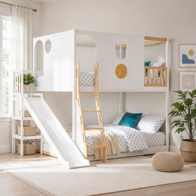 Full Size Kids Loft Bed, Play House Bunk Bed with Slide, Storage Shelves and Guardrails