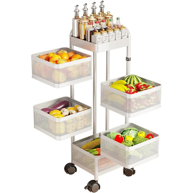 Chariot de rangement rotatif pour la cuisine peu encombrant - Organisateur de cuisine en acier au carbone à 5 niveaux avec roulettes, couvercle supérieur, sans assemblage, support à fruits et légumes polyvalent - blanc, 5 couches (100235)
