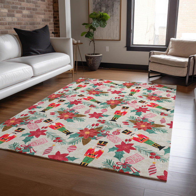 Tapis beige casse-noisette intérieur / extérieur lavable à la machine Xhevrie, Rectangle 10 pi x 14 pi