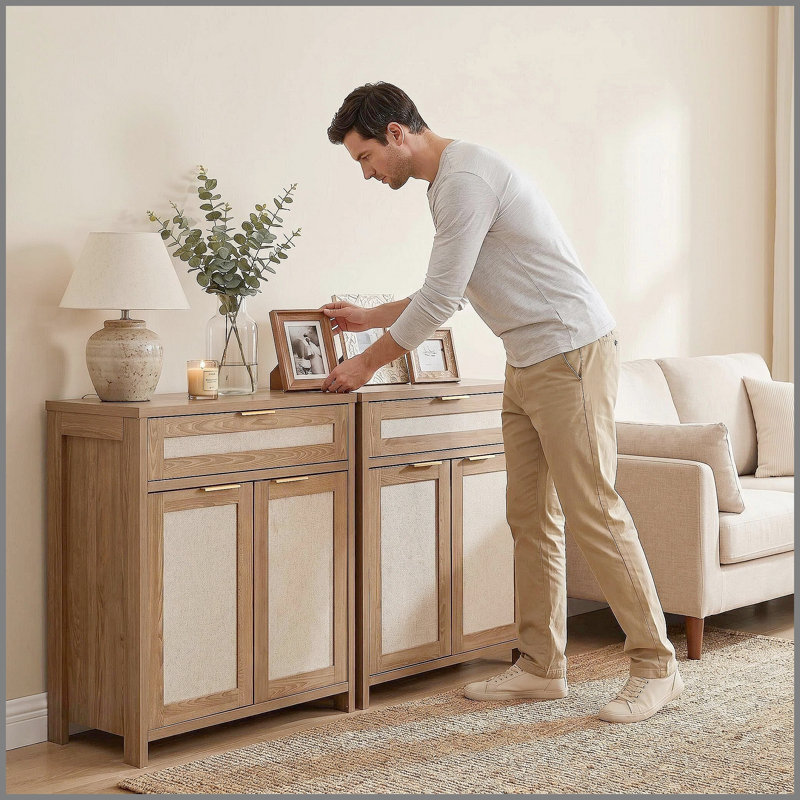 Buffet en rotin, armoire de rangement Farmhouse avec tablette réglable, armoire de cuisine avec tiroir Boho pour la salle à manger, la cuisine, le vestibule, le salon, le bois