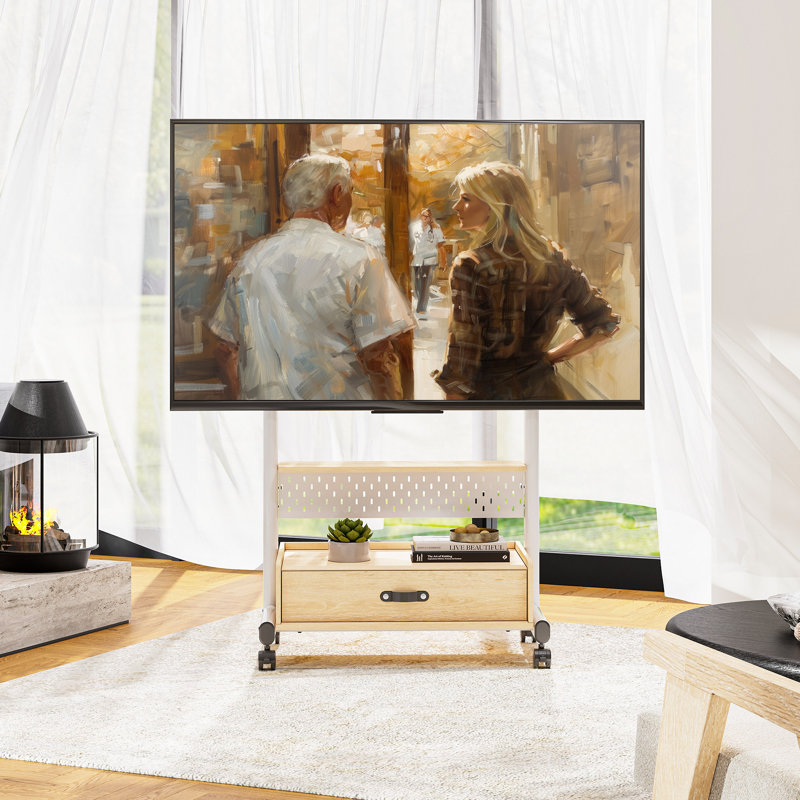 Charrisse Sturdy Rolling Tv Stand For 40-85 Inch, Mobile Tv Mount With Storage Drawer, White/Natural