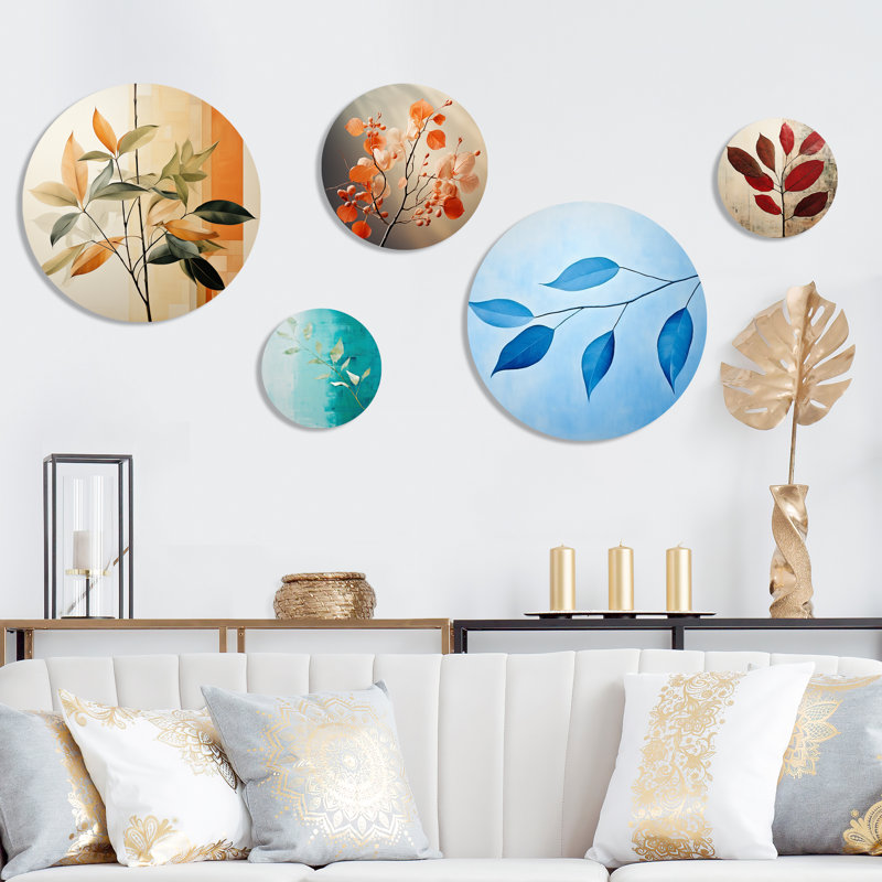 Abstrait feuilles d'abricot collage - ensemble d'art mural rond 5 feuilles