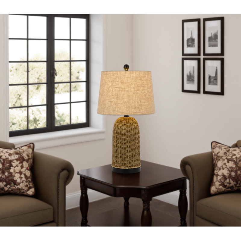 Lampe de table 100W à 3 voies en osier avec abat-jour rigide en toile de jute