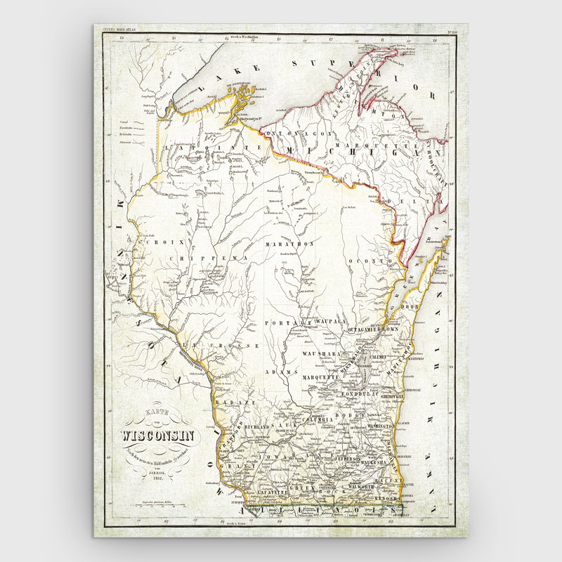 «Wisconsin S croquis carte I», reproduction d'impression sur toile, H 16 po x l 20 po x P 1,5 po