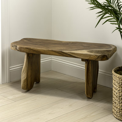 Stumpy Rustic 35" Solid Teak Wood Live Edge Entryway Bench, Natural Finish Backless & Armless Accent Seat for Living Room, Hallway & Bedroom
