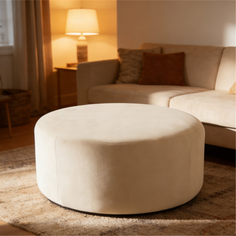 Ottoman,Round,PU Leather ,Cream, Cream