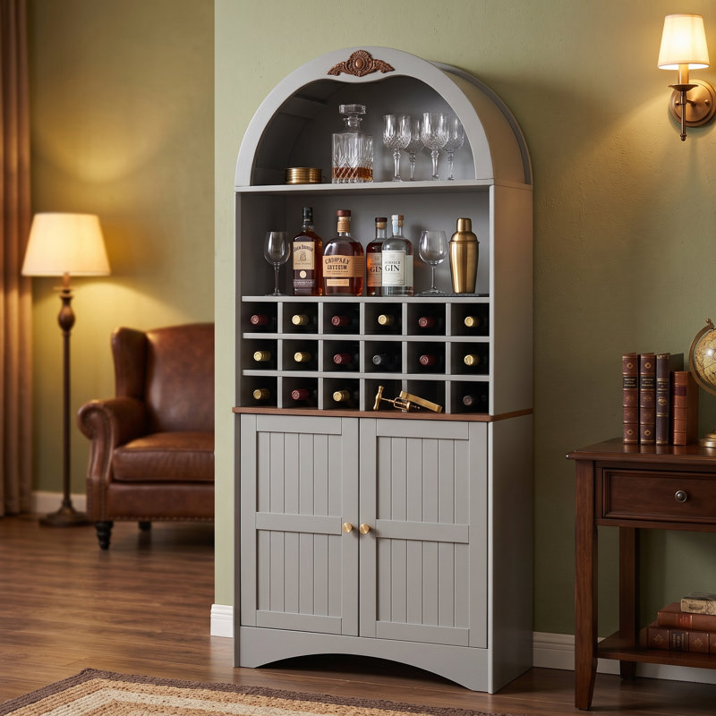 Armoire à vin 70,9 "en bois arqué avec support amovible et tablettes réglables, Blue Grey