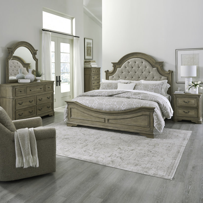 Colchester King Upholstered Bed, Dresser & Mirror, Chest, Nightstand Bedroom Set, King, Brown