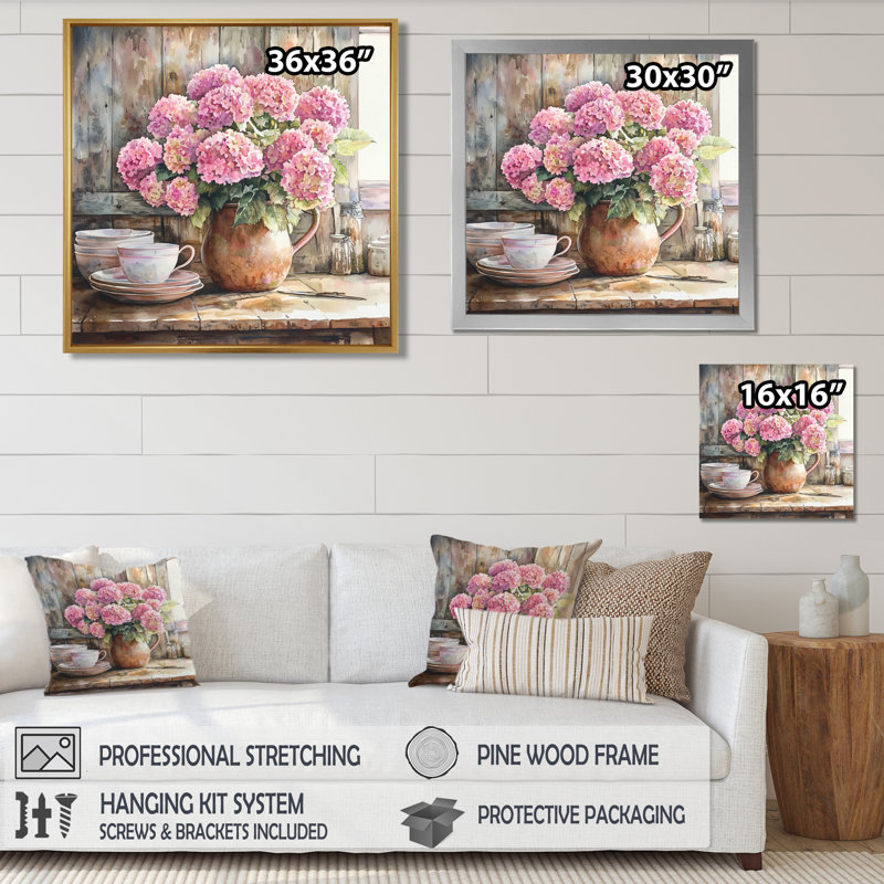 «Hydrangeas In The Farm Kitchen I - Hydrangea Large», art mural, Impression encadrée flottante, Noir, noir, noir, noir