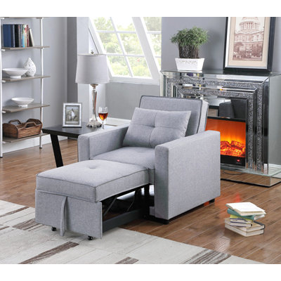 Zoey 33.25" Light Grey Linen Convertible Sleeper Chair With Side Pocket