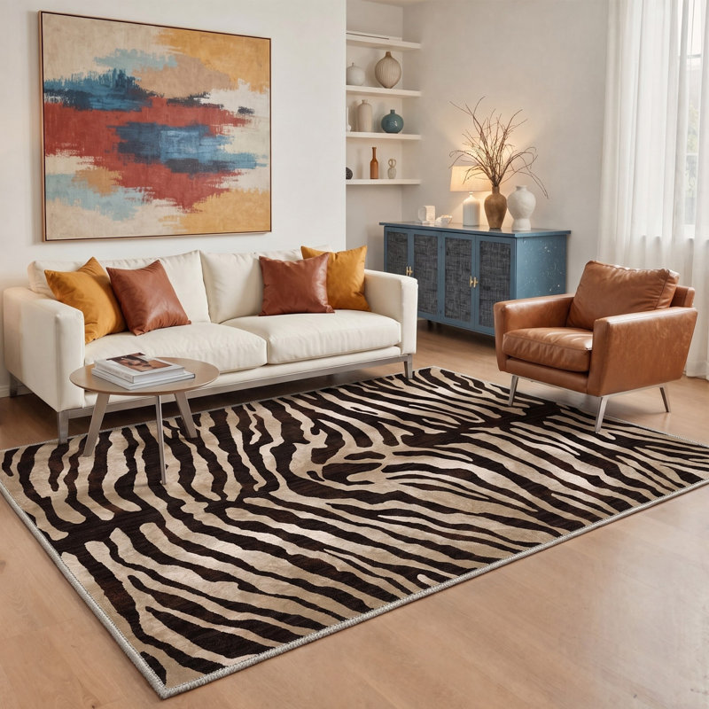 Tapis de salon/chambre à coucher à motif zèbre, lavable à la machine, noir et brun, antidérapant, idéal pour le salon ou la chambre.