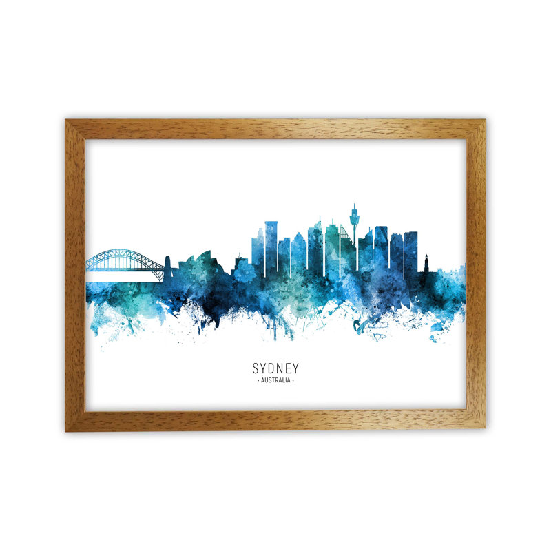 Sydney Australia Skyline Blue City Name by Michael Tompsett - Print, Oak Framed, 34cm H x 46cm W x 3cm D