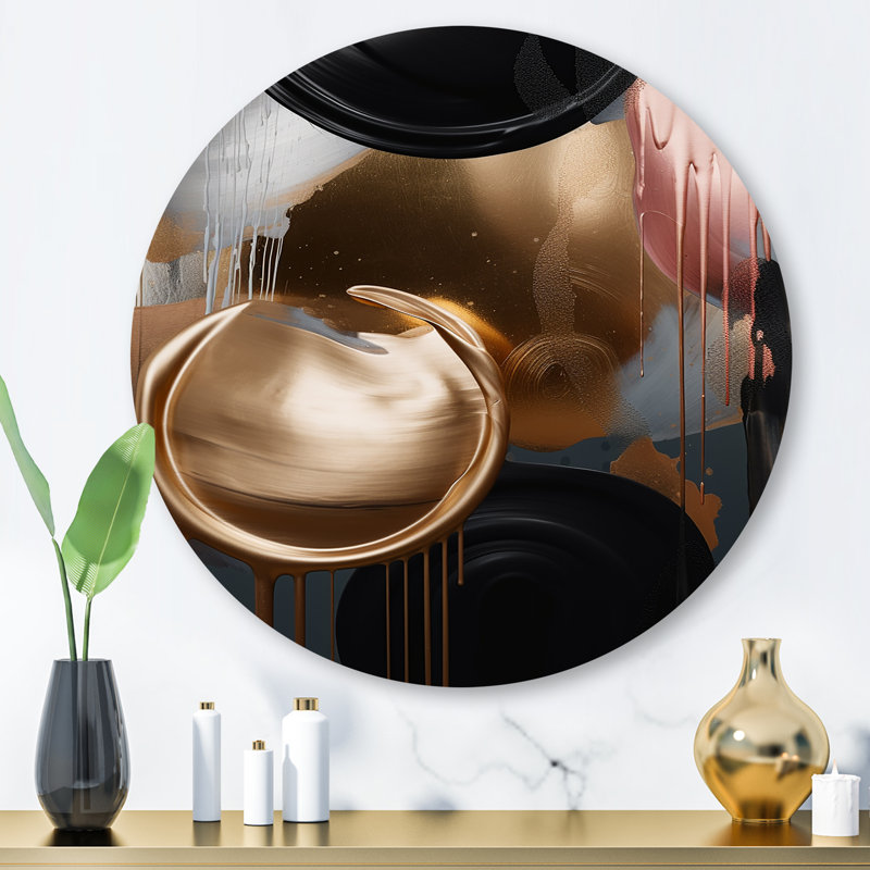 Or doré et expression de marbre noir I - art abstrait rond en marbre sur métal, H 16 po x l 16 po x P 1 po