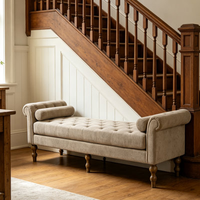 Banc rembourré en chenille de 87 po, structure en placage de bois massif avec pieds en bois d'hévéa, banc polyvalent pour la chambre à coucher et le salon