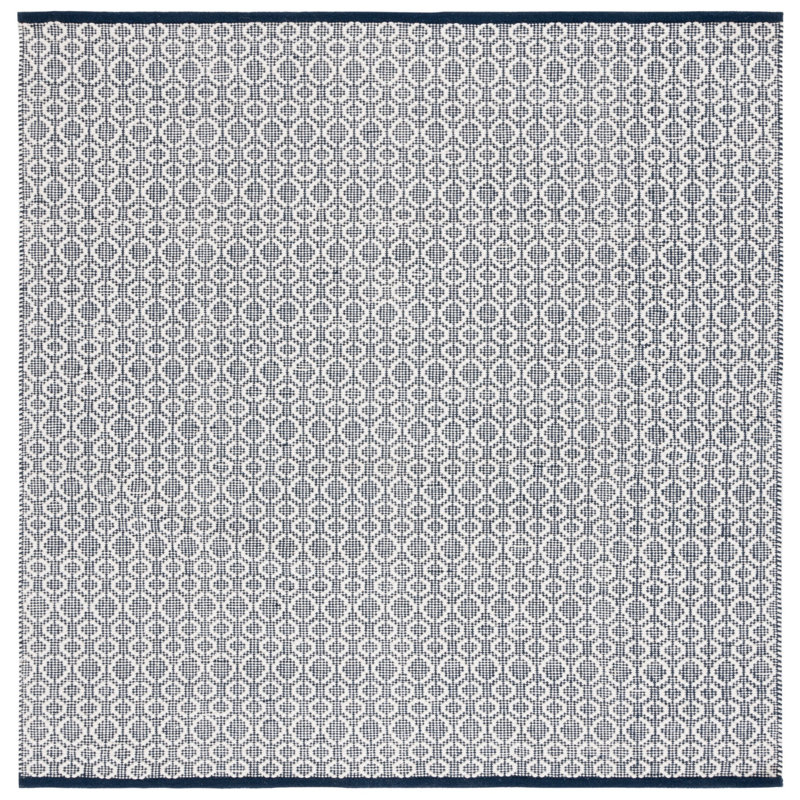 Palbo Flat Weave Wool/Cotton Geometric Rug in Ivory/Navy, Square 6'
