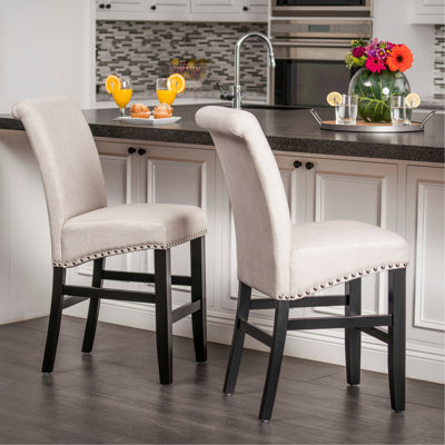 Tabouret de comptoir rembourré 25 po avec garniture cloutée de 25 po (ensemble de 2), blé / noir mat, tissu