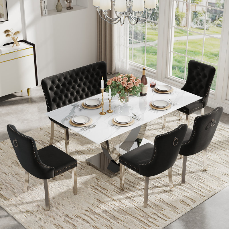 Table de salle à manger rectangulaire en verre trempé avec banc capitonné, table de salle à manger de luxe avec chaise capitonnée en velours pour salle à manger