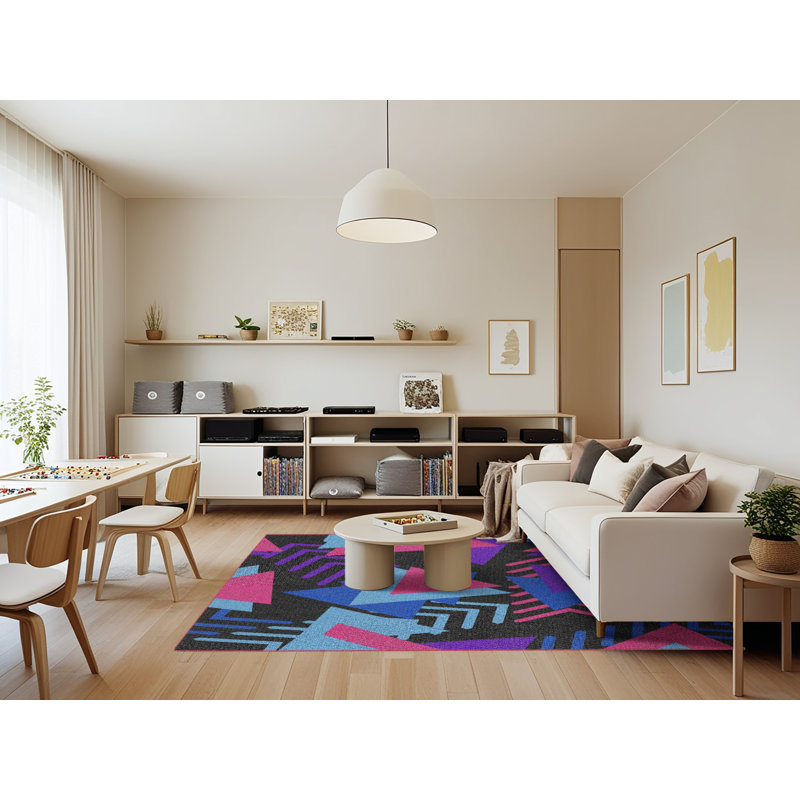Tapis rose/mauve/bleu tissé à la machine électrique, Rectangle 7 pi x 9 pi
