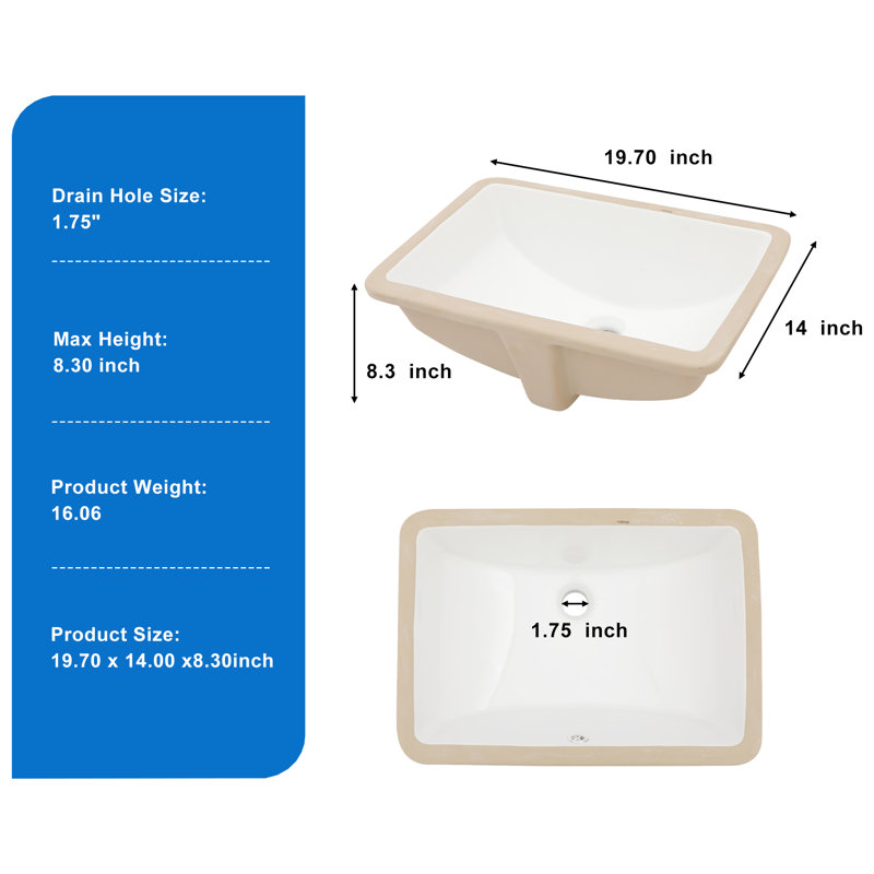 197Inch X 14Inch White Ceramic Rectangular Undermount Bathroom Sink With Overflow Protection Stain Resistant Surface For Modern Bathroom Installations