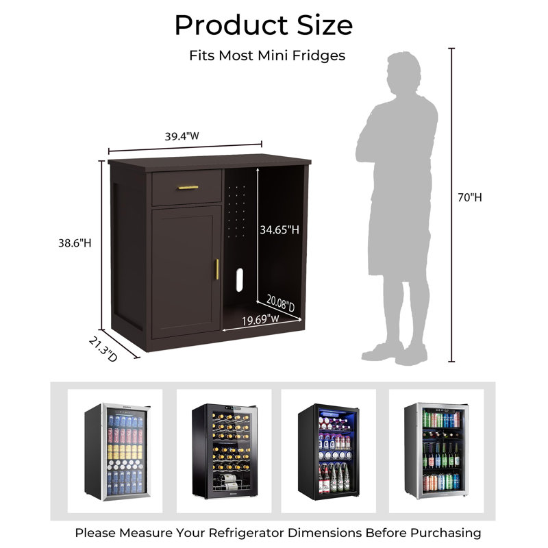 39.4" Modern Coffee Bar Cabinet with Mini Fridge Space, Wine Storage & Drawer, Brown