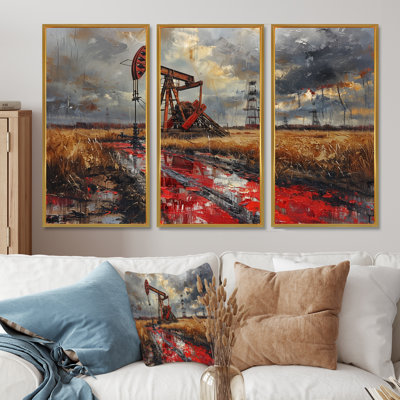 «Red Winter Oil Fields Industrial Icon I», ensemble d'art mural