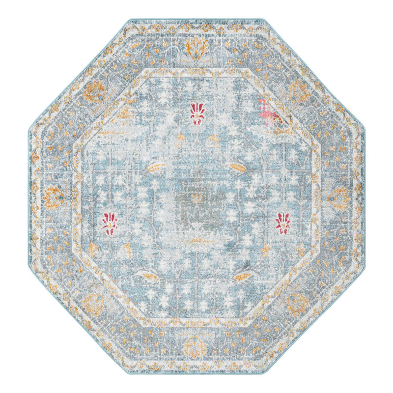 Tapis bleu à motif floral Haefner, Octogone 6 pi x 6 pi