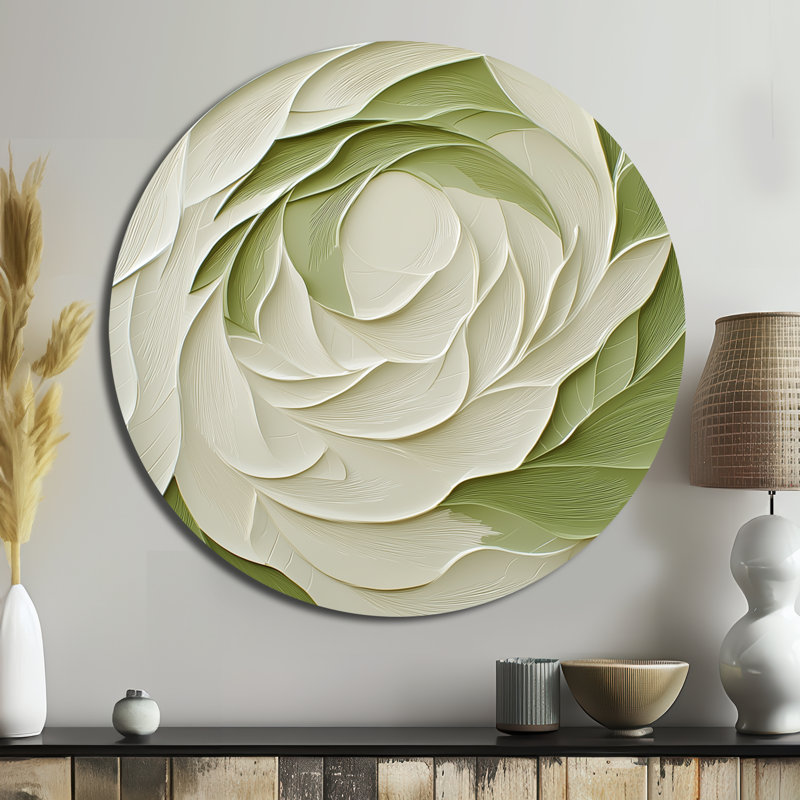White Green Rose Eclipse - Botanical Round Wall Decor, Floral Garden Living Room Wall Art, 23" H x 23" W
