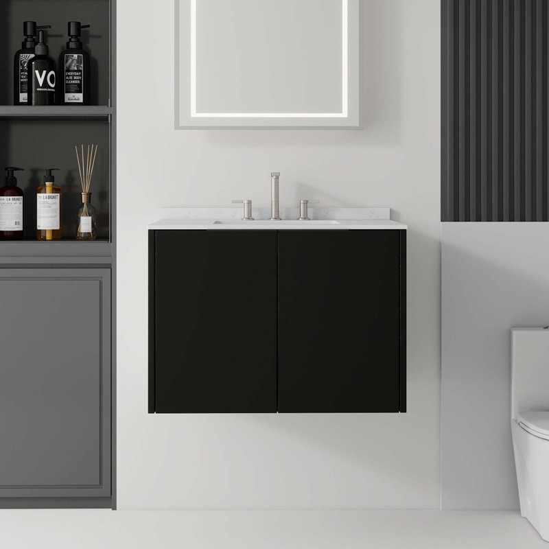 Meuble-lavabo flottant avec comptoir en marbre de culture et portes à fermeture en douceur, Noir