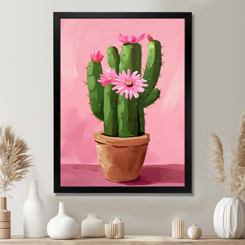 Fleurs de cactus en pot - Art mural floral cactus, Toile encadrée noire simple, H 40 po x l 30 po x P 1,5 po