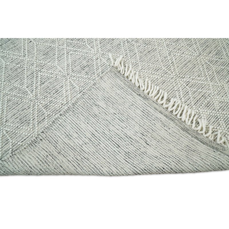 Tapis gris / ivoire en laine tissé à plat à la main à motif géométrique, Rectangle 4 pi x 6 pi