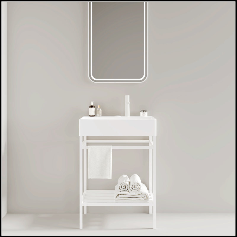 Meuble-lavabo autoportant de 24 po avec lavabo en céramique, pieds en métal ouverts et tablettes de rangement, finition blanche brillante pour les salles de bain modernes