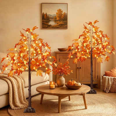 Lot de 2 érables artificiels lumineux de 1,20 m avec 100 DEL, arbres décoratifs d'automne pour la décoration intérieure et extérieure.