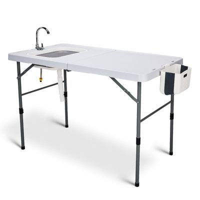 Foldable Outdoor Fish Cleaning Table With Sinks, Portable HDPE Table With Faucet, Storage Basket, For Picnic Camping,White