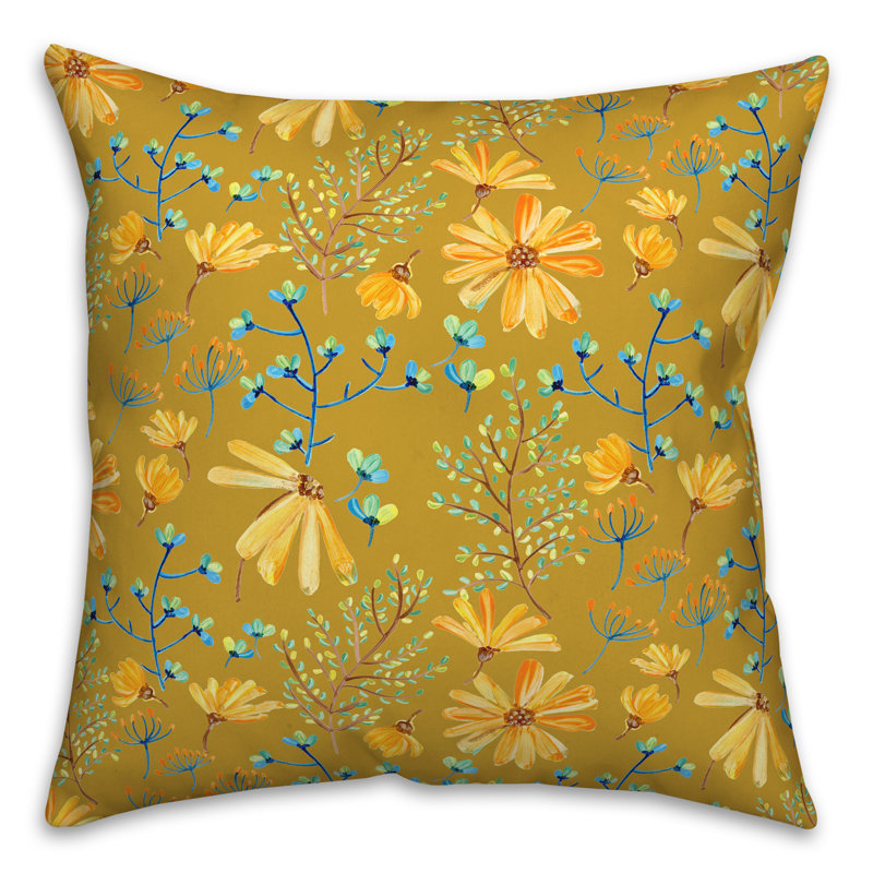  Coussin décoratif floral intérieur / extérieur en polyester, Jaune, H 18 po x l 18 po