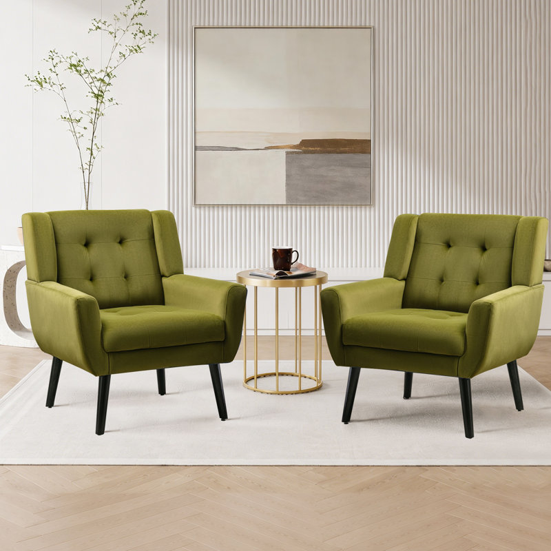 Ensemble de 2 fauteuils capitonnés rembourrés à dossier large, Velours vert