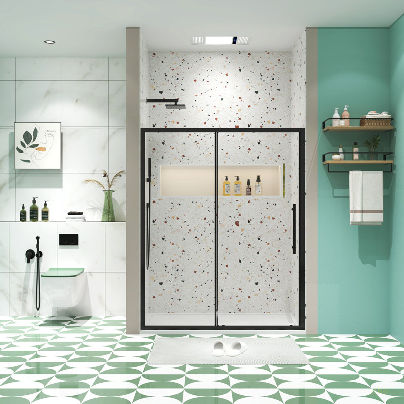 Porte de douche coulissante de 56 à 60 po x H 72 po avec porte en verre trempé de 1/4 po 6072, Noir mat