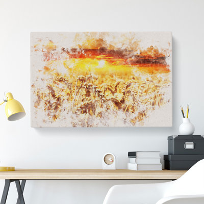 Wheat Field At Sunset Watercolour - Wrapped Canvas Print