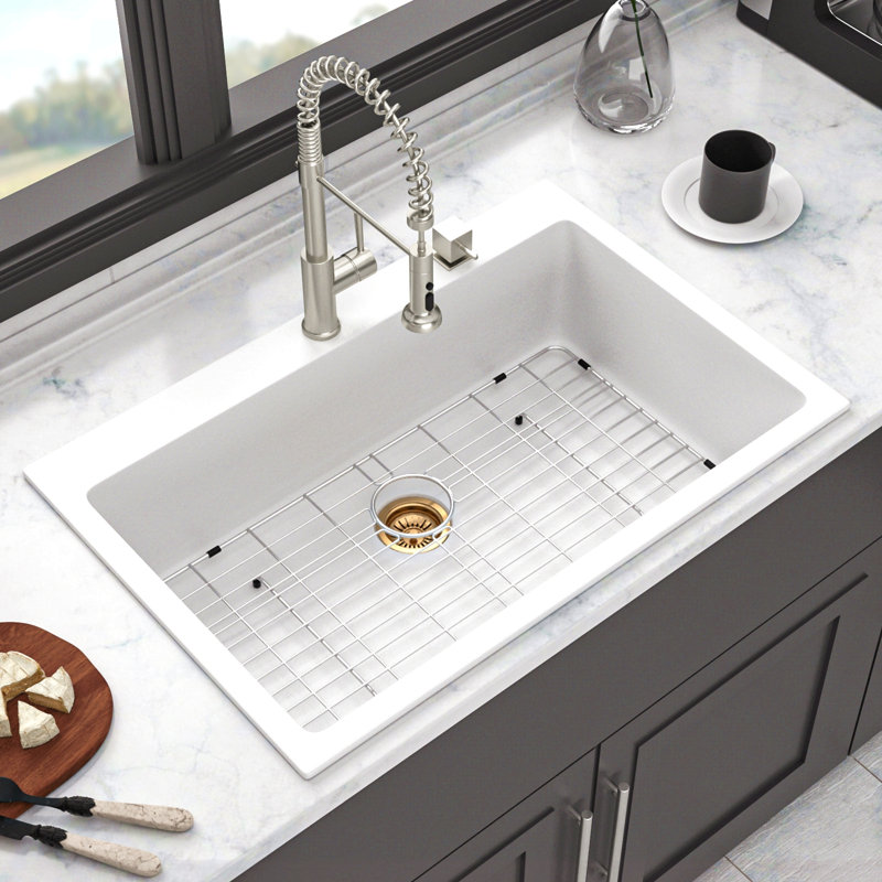 Quartz Kitchen Sink - 33X22" White Granite Composite Drop-In Kitchen Sink, White