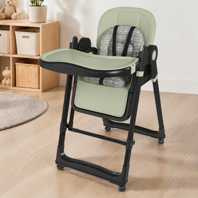 Convertible Foldable Kid High Chair, 2-in-1 Feeding High Chair Rocker with 5-Point Safety Harness, Removable 2-Tier Easy Clean Tray Lockable Wheels for Toddlers 6 Months to 3 Years, Green