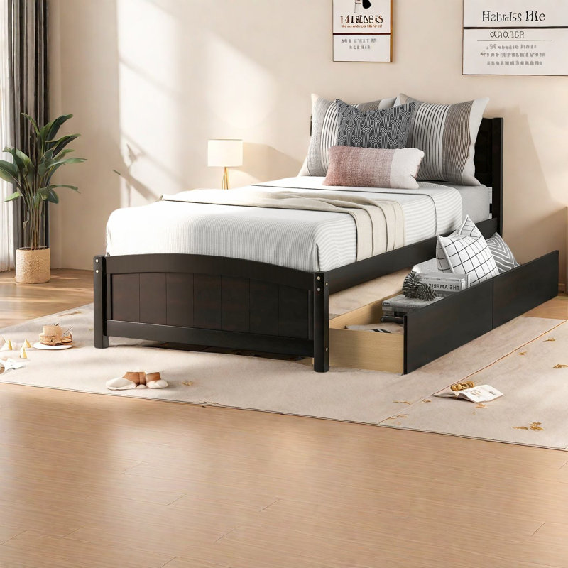 Lit simple en bois compact avec tiroirs de rangement, espresso moderne