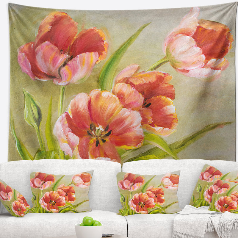 Tapisserie de tulipes rouges vintage Floral, H 32 po x l 39 po